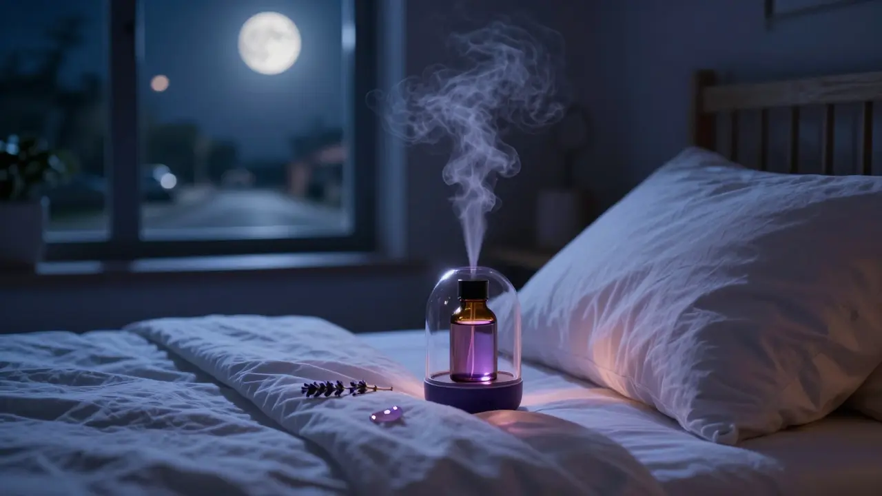 A lavender diffuser beside a bed at night, with a drop of oil on a pillow, under moonlight for peaceful sleep.