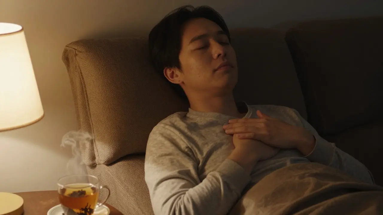 A person practicing breathing meditation in a cozy chair before bed, with a warm cup of tea and no electronic devices nearby.