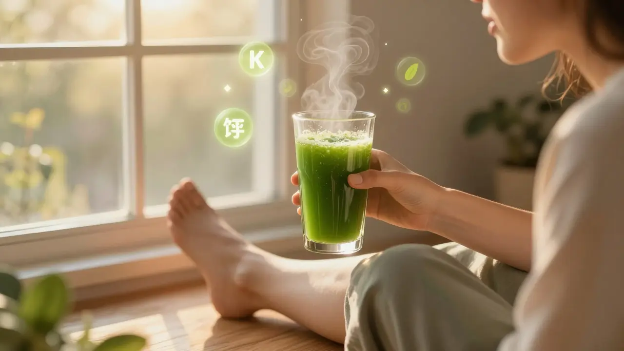 A person sipping morning health juice by a sunlit window, with glowing nutrient particles in the air.