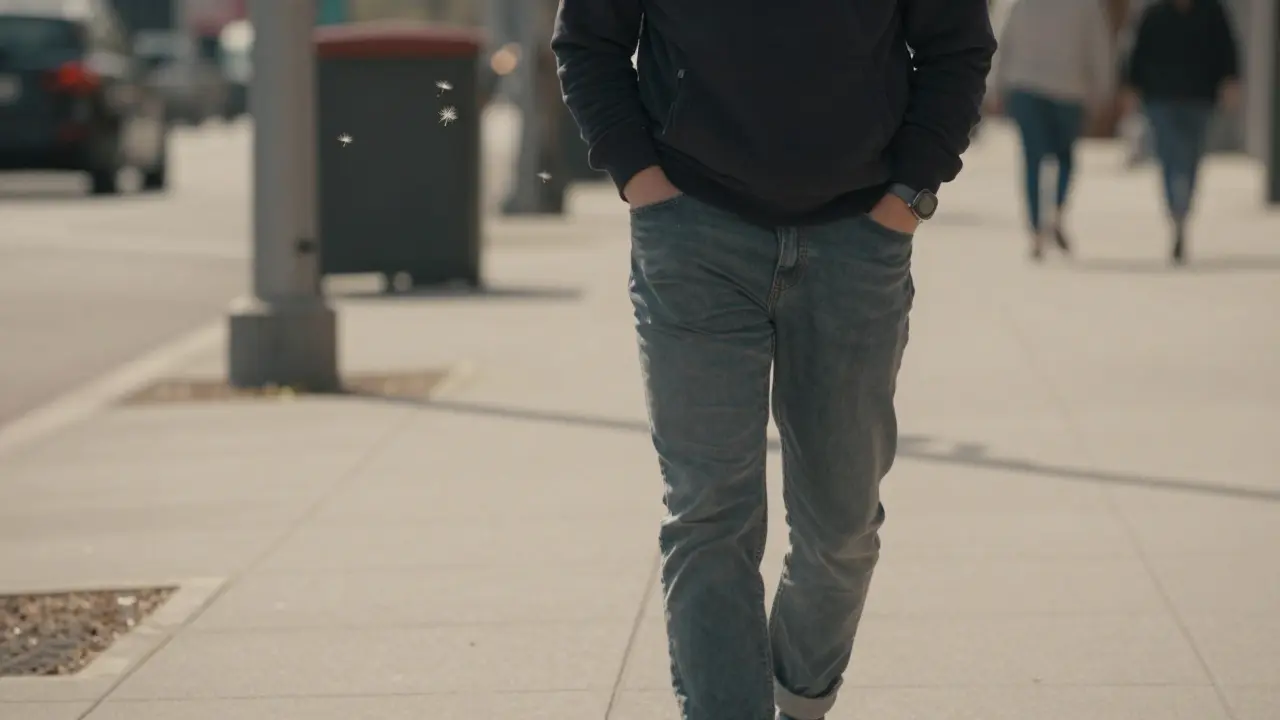 A person walking alone without a phone, lost in thought amidst a quiet cityscape, dandelion seeds drifting nearby.