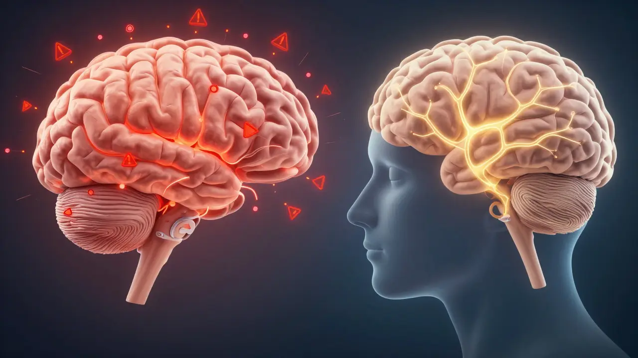 A scientific illustration contrasting a stressed brain with chaotic signals against a calm brain with soothing neural flow.