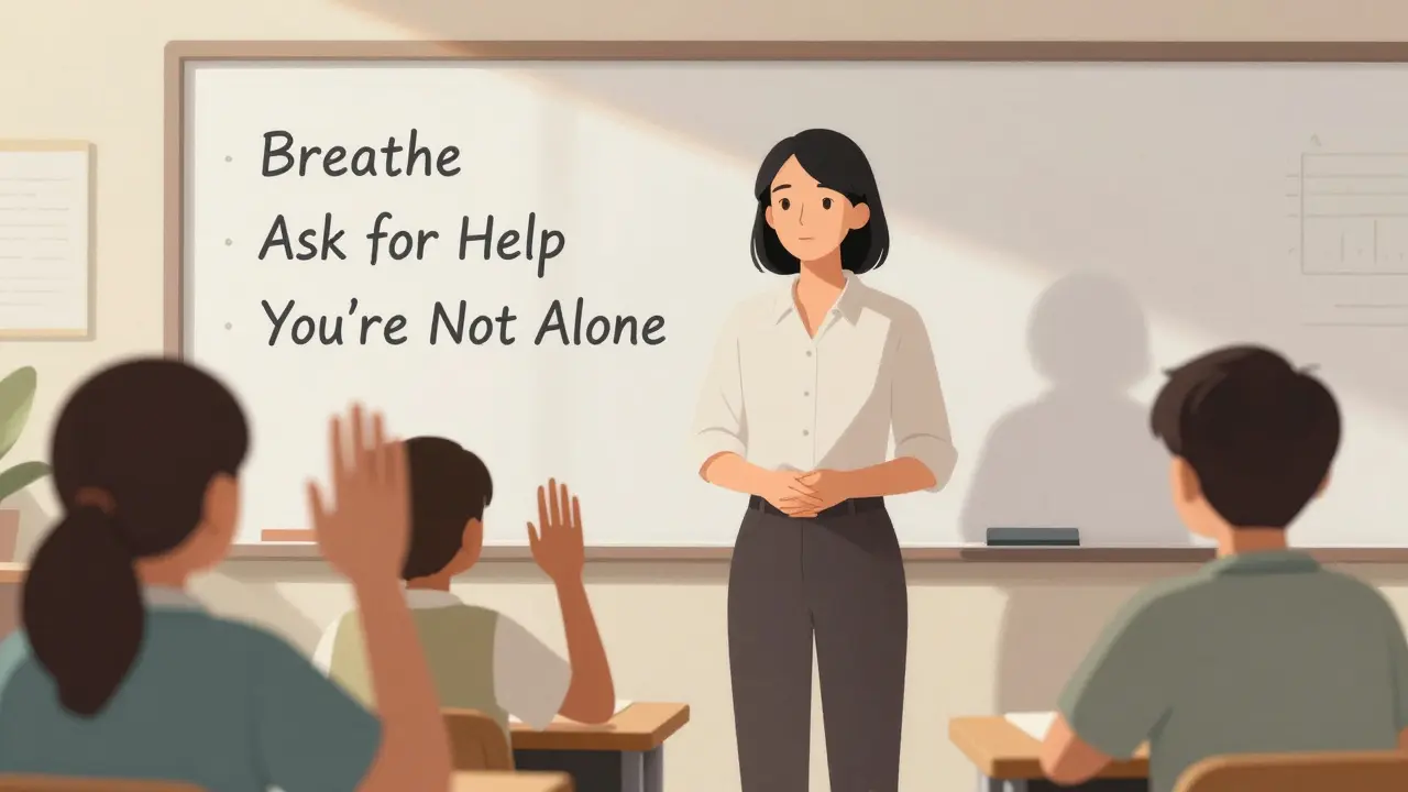 A teacher and student in a classroom, with emotional well-being tools on the whiteboard.