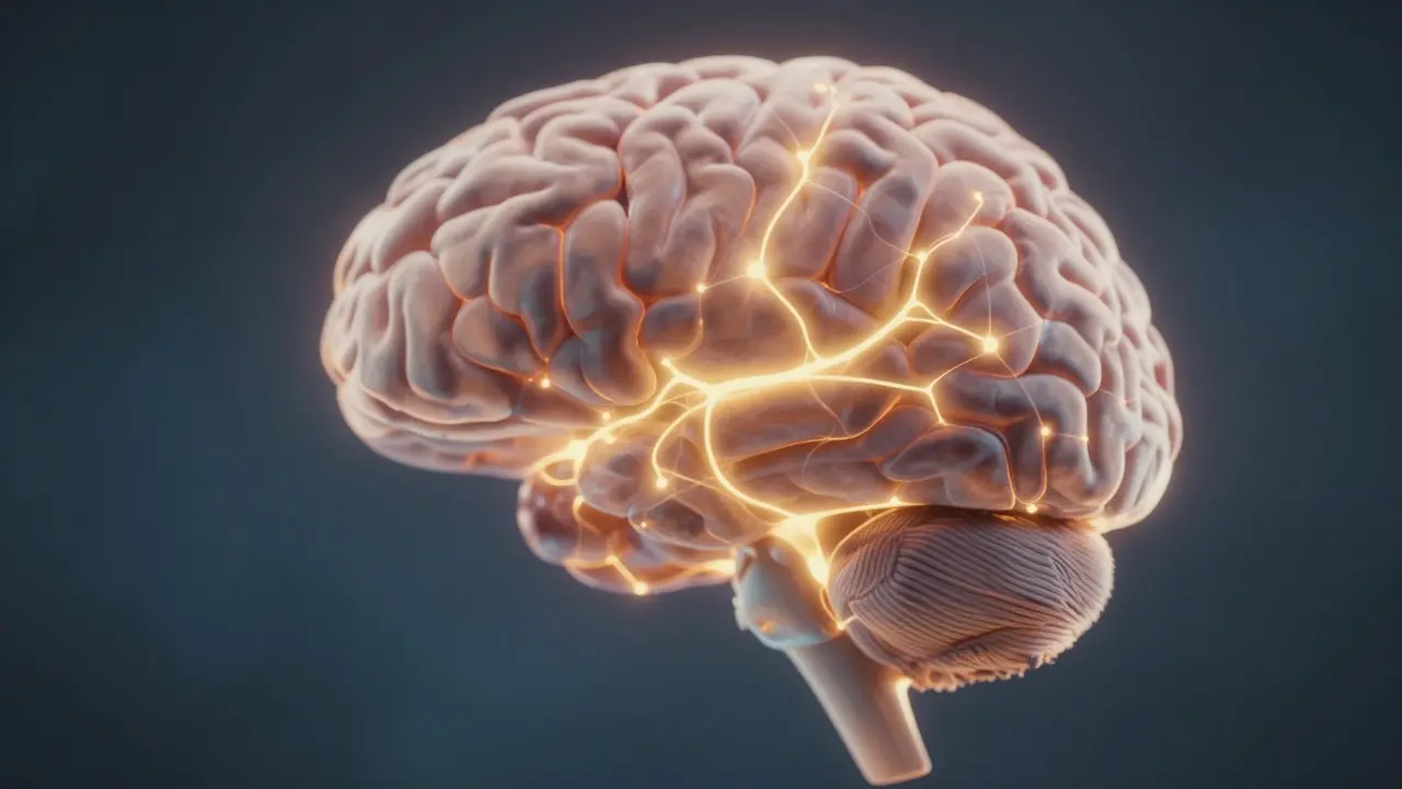 An abstract brain illustration showing glowing neural connections as fear centers fade into stillness.