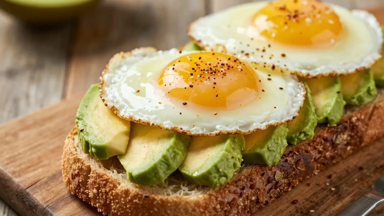 Avocado toast with fried eggs and seasoning on wooden table