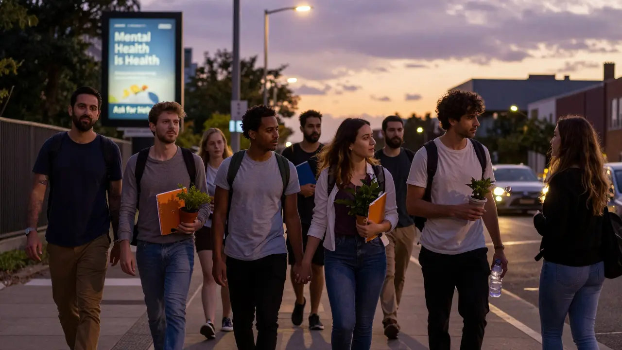 Diverse people walking together at dusk, with mental health messages on billboards in the background.