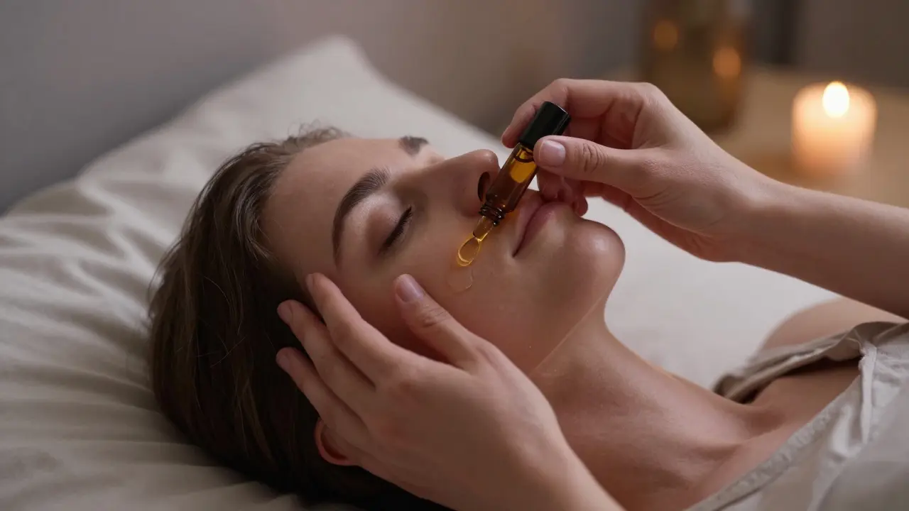 Hands applying diluted lavender and chamomile oil to the temples using a rollerball bottle in a softly lit room.