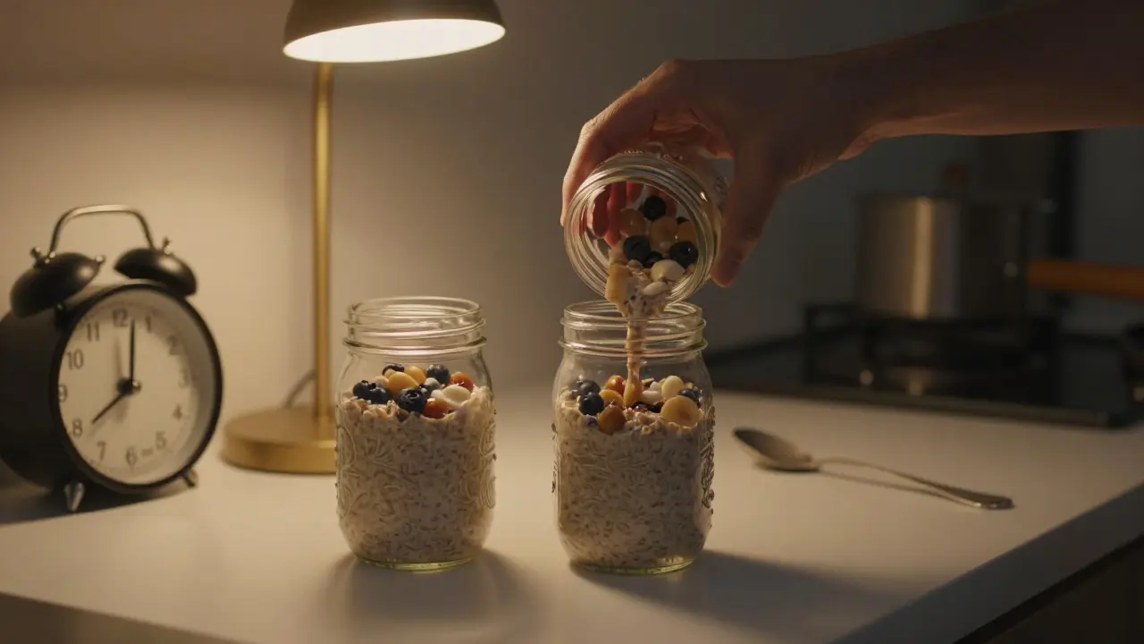 Hands filling mason jars with overnight oats for next day breakfast