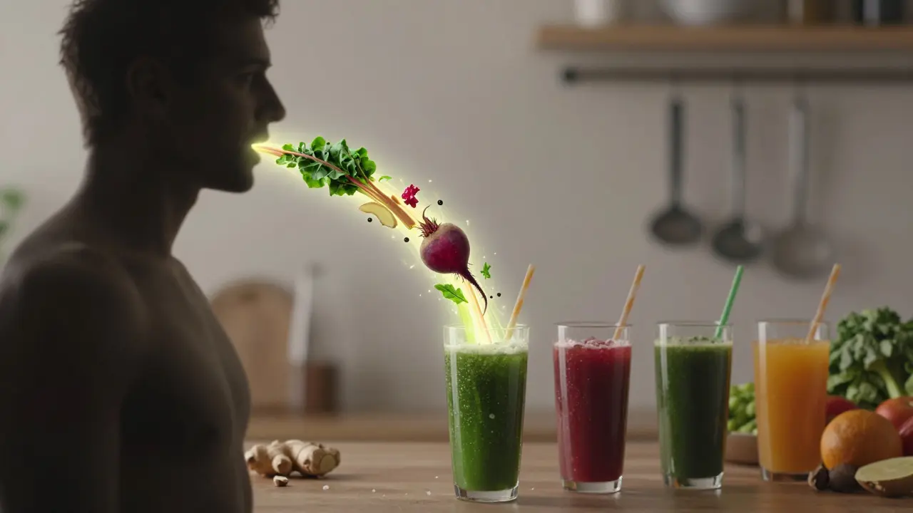 Silhouette of a body absorbing nutrients from health juice, with vibrant streams flowing into the bloodstream.