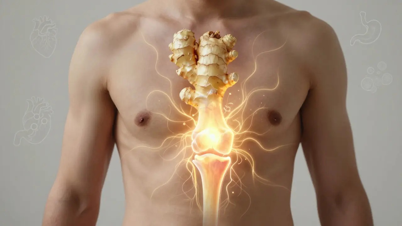 A glowing ginger root radiating healing energy to reduce joint inflammation.