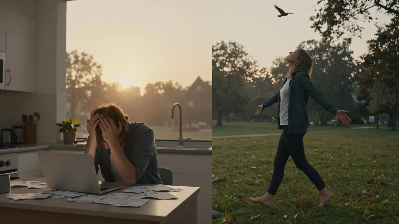 A person transitioning from overwhelmed at a cluttered table to peacefully walking through a quiet park at dawn.