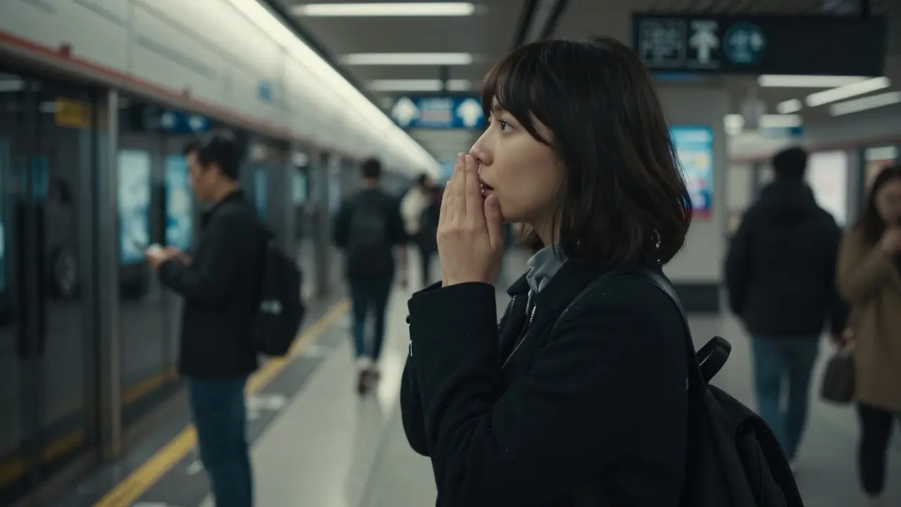 A person using the 5-4-3-2-1 grounding technique in a busy subway station, calmly focused on their senses.