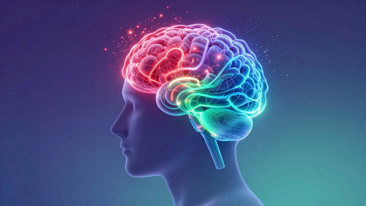 Abstract illustration of a glowing brain with calm neural pathways.