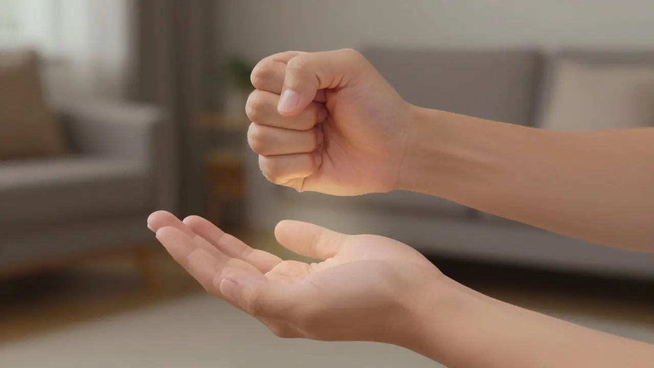 Hands showing the contrast between clenched tension and relaxed release during progressive muscle relaxation.