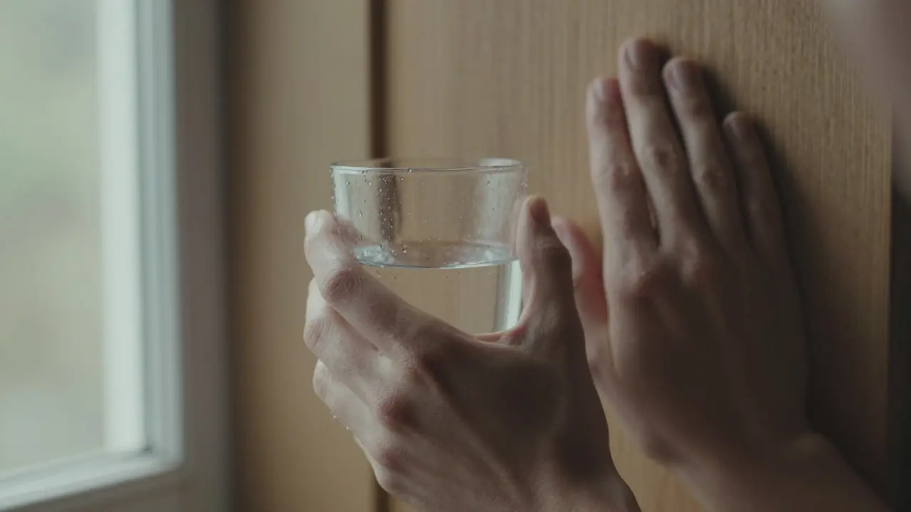 Hands touching a cool glass of water and a textured wooden wall, soft natural light highlighting details.