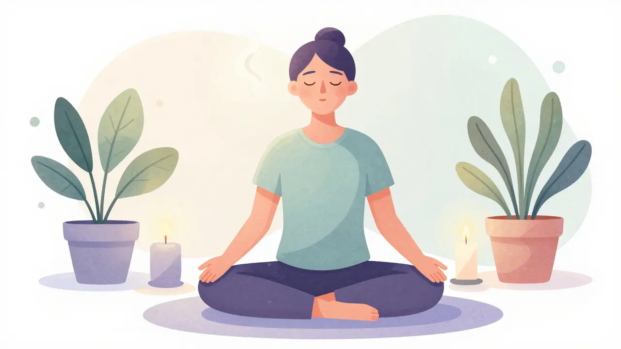 Individual practicing deep breathing exercises at home