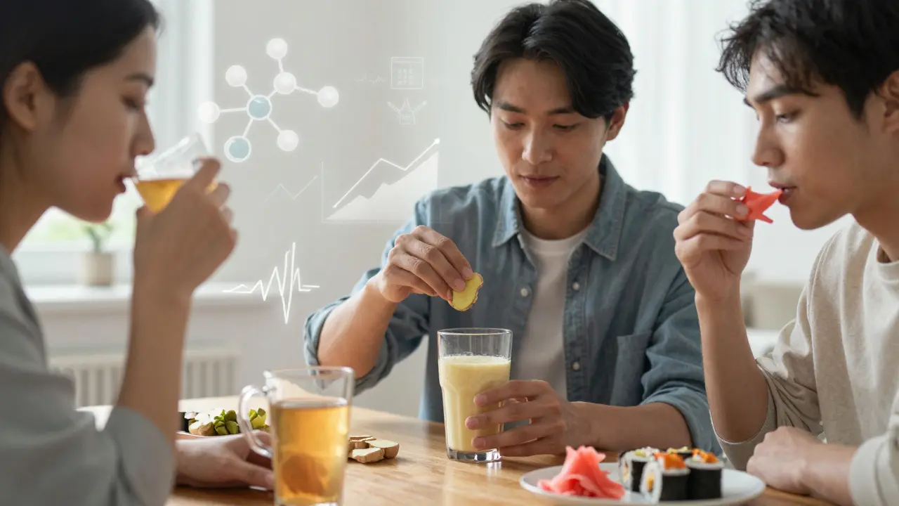 People incorporating ginger into daily meals and routines with subtle health symbols.