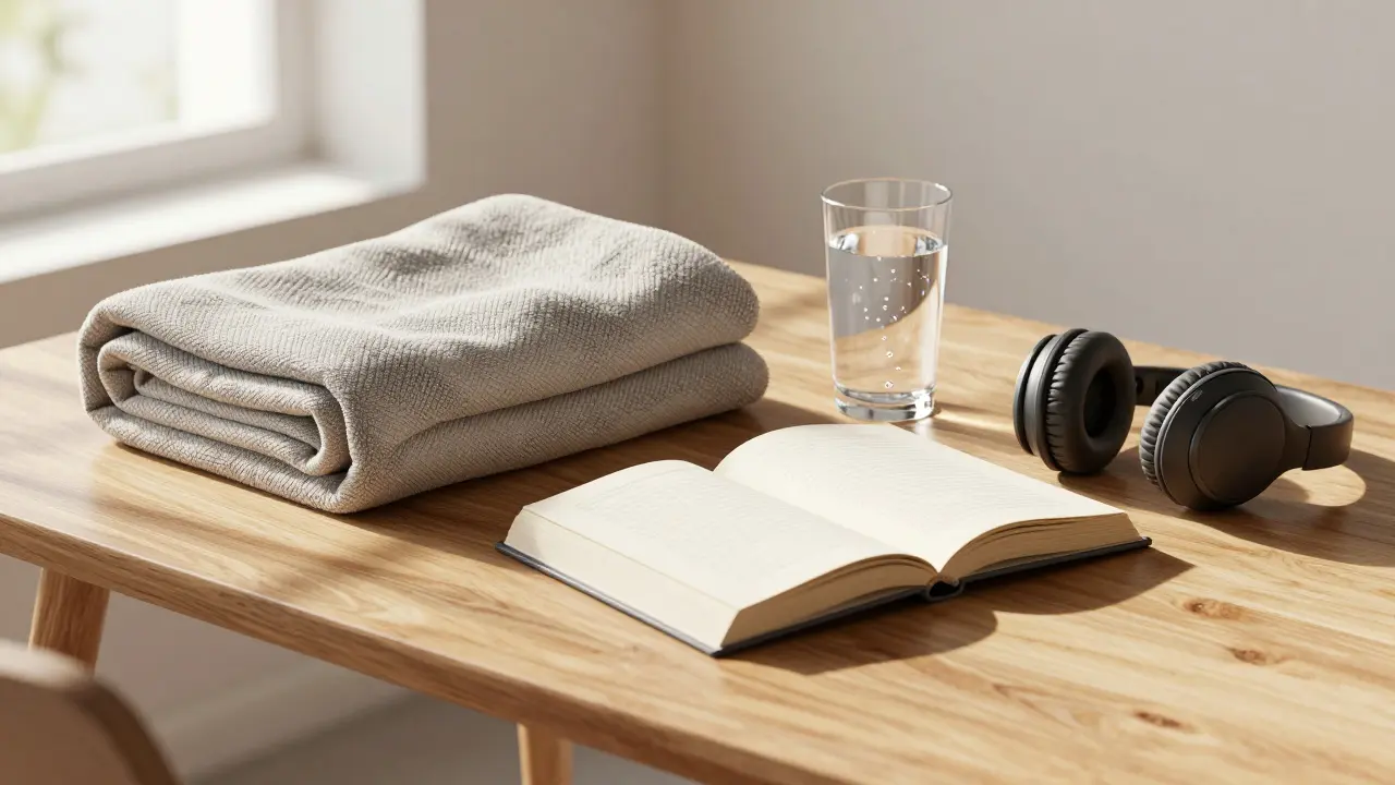 A collection of mental health tools including a weighted blanket, a book, and a glass of water on a sunlit table.