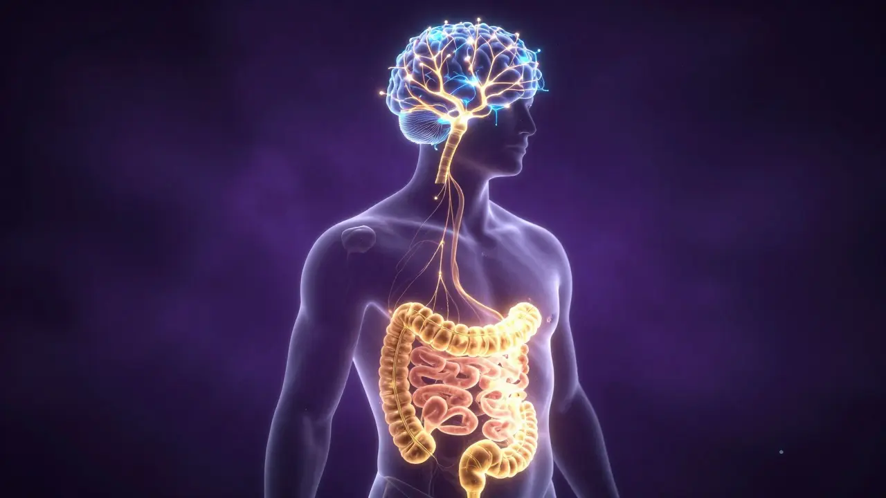 A glowing human silhouette showing neural connections in the brain and a light connection to the gut.