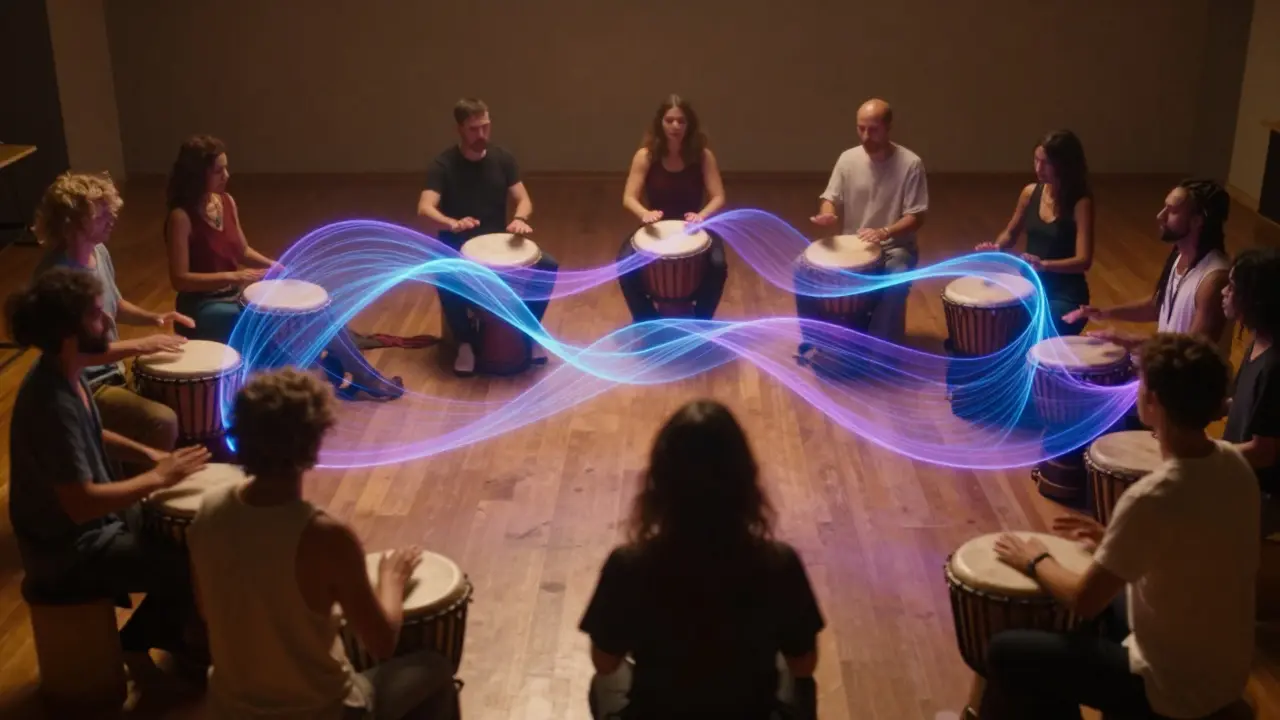 A group of people in a drumming circle with flowing lights symbolizing brain connectivity