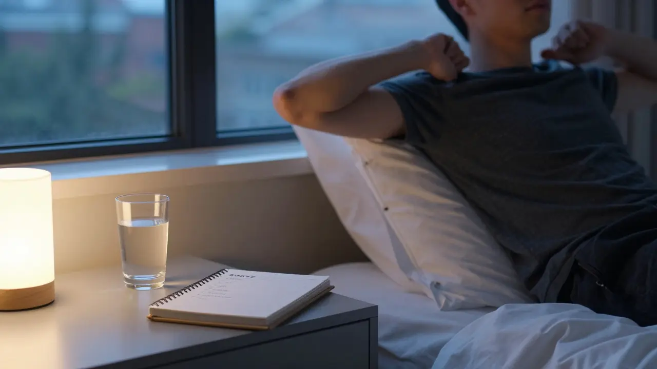 A person calmly stretching in a serene bedroom during the early morning blue hour.