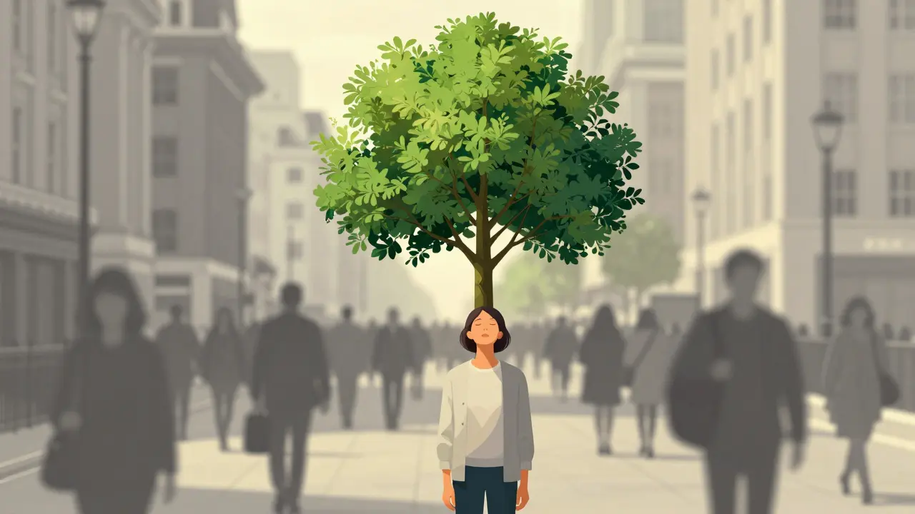 A person standing still and breathing deeply amidst a blurred, fast-moving city crowd next to a green tree.