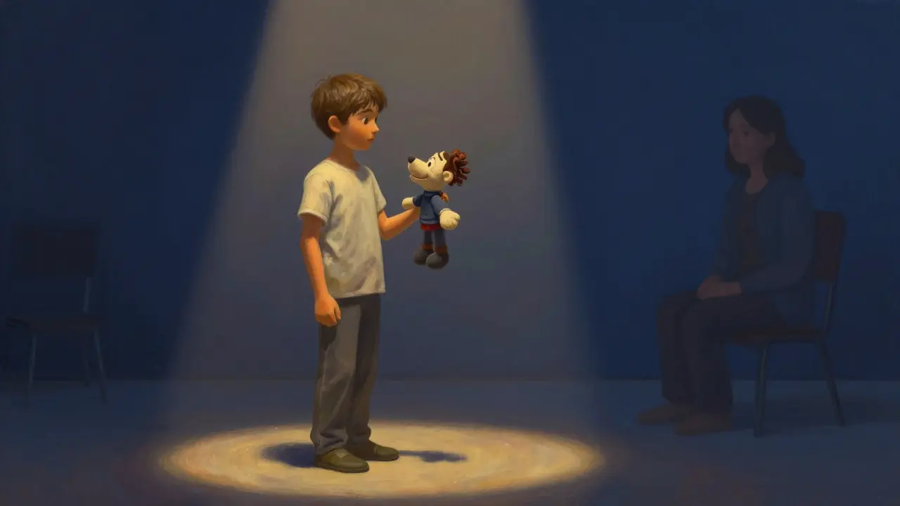 A teenager using a puppet in a drama therapy session to express complex emotions