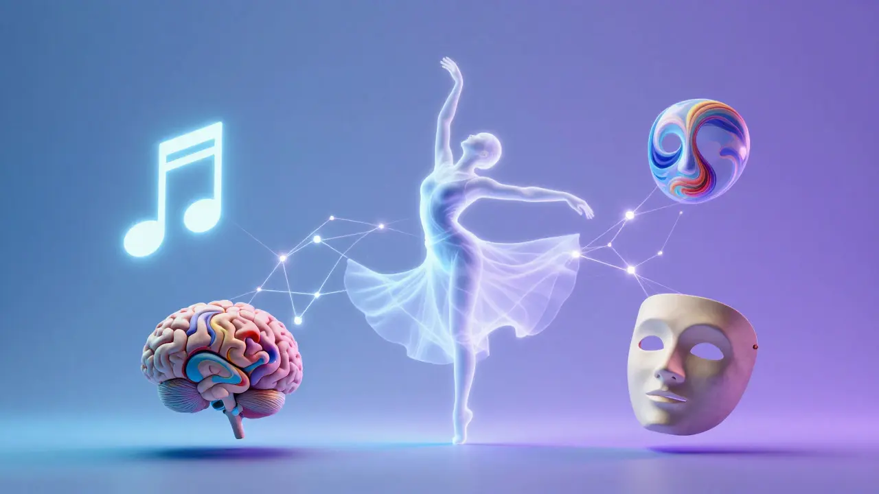 Abstract floating symbols of music, dance, and art connected by glowing neural networks.