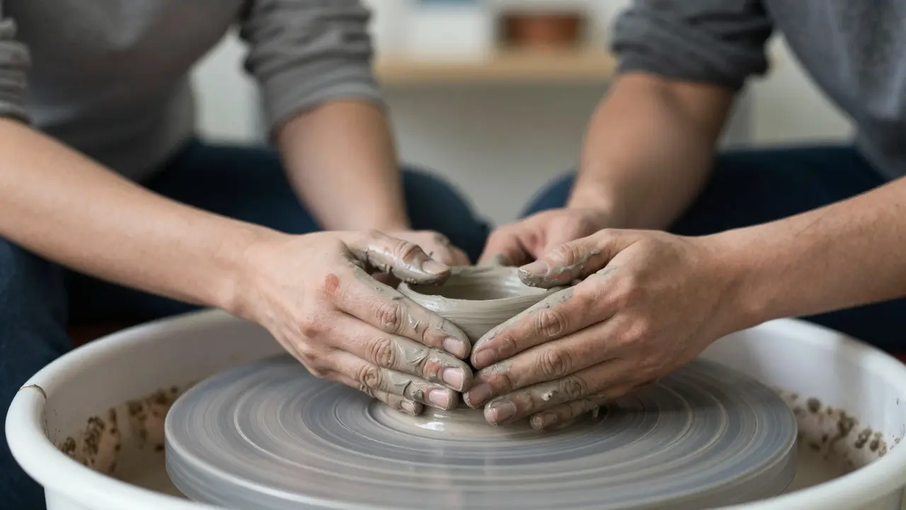 Close-up of a patient's hands shaping clay on a potter's wheel during a therapeutic session.