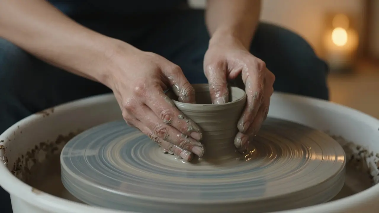 Close-up of hands shaping wet clay on a pottery wheel in a warm studio.