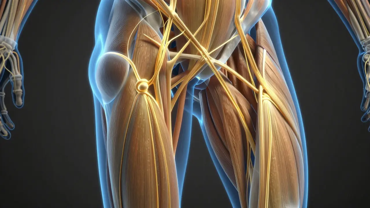 Conceptual 3D image of muscle fibers and glowing golden fascia being released