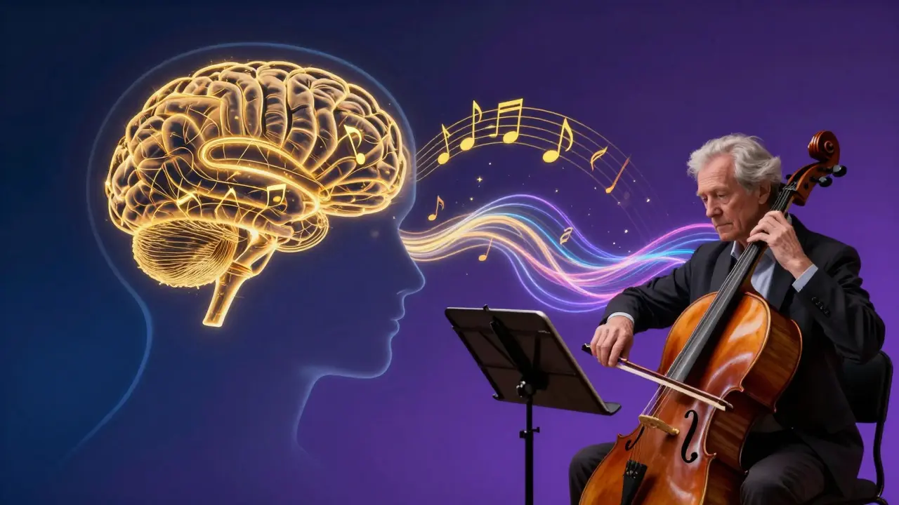 Conceptual art of a music therapist playing cello for a patient, with golden musical notes filling the brain.