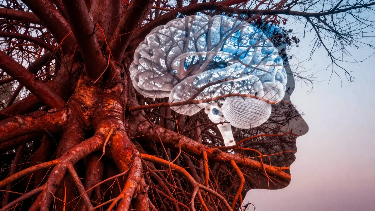 Double exposure art blending human silhouette with red roots and blue branches.