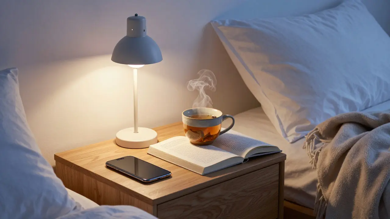 Minimalist bedroom scene with a phone put away, a book, and tea during a peaceful twilight hour.