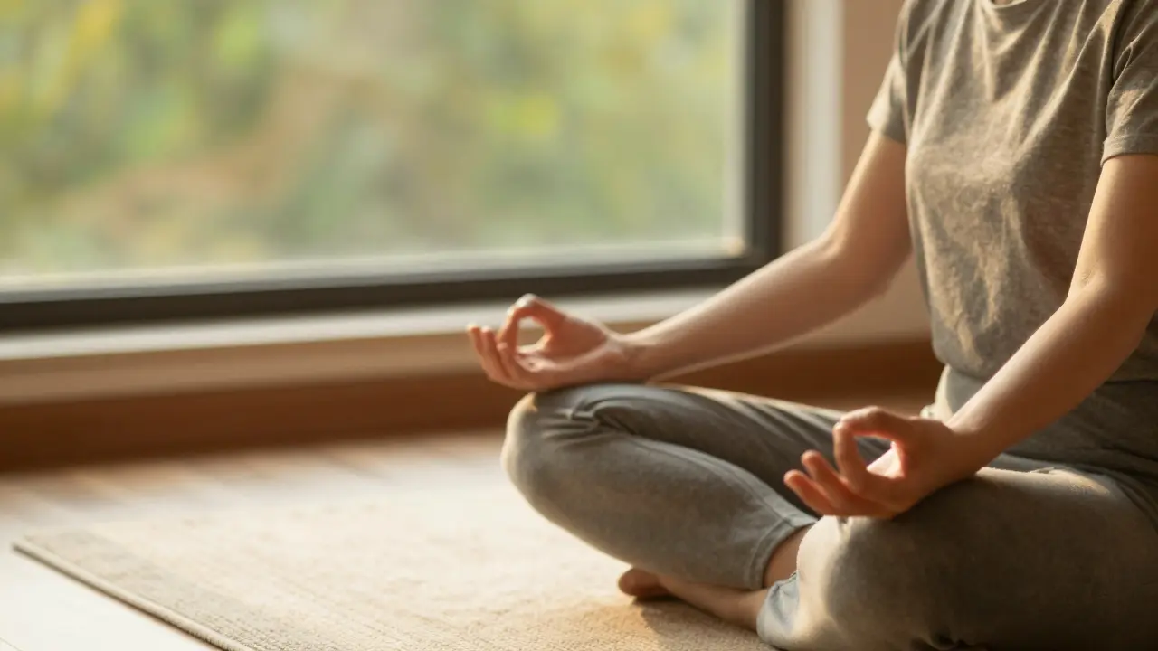 Relaxed person sitting by a window practicing mindfulness meditation.