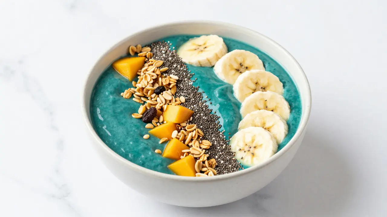 Spirulina and mango smoothie bowl topped with granola and banana