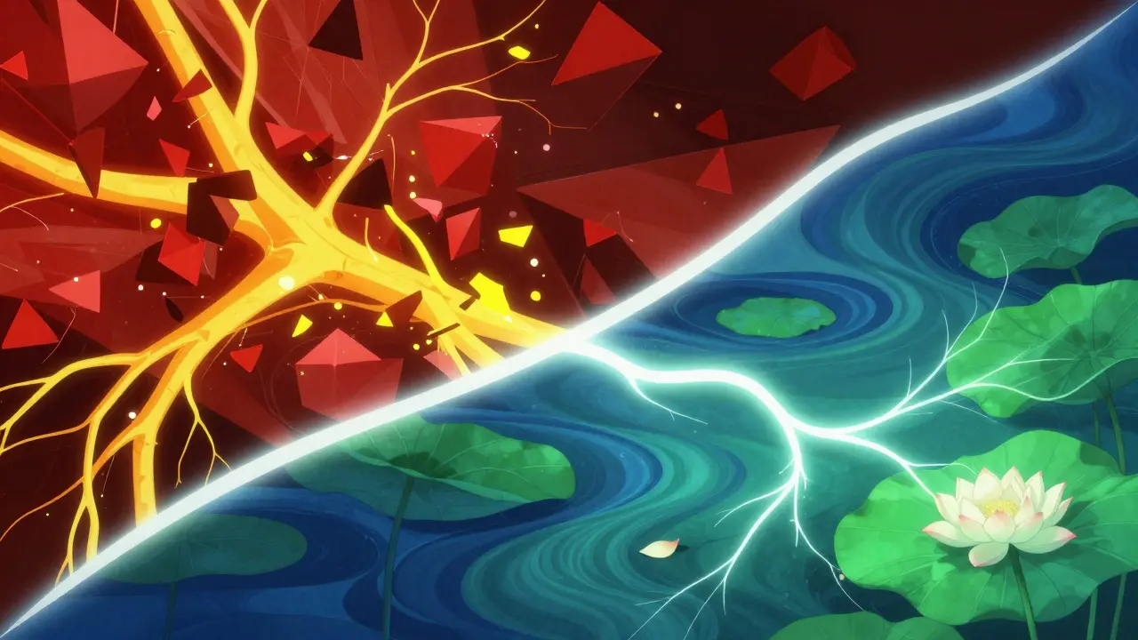 Surreal illustration showing a transition from chaotic red geometric shapes to a calm blue organic landscape.