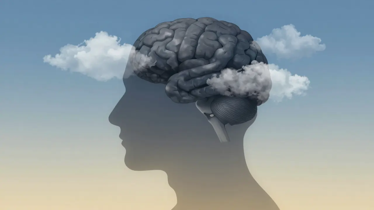Abstract art showing storm clouds turning to calm sky inside a human mind silhouette.