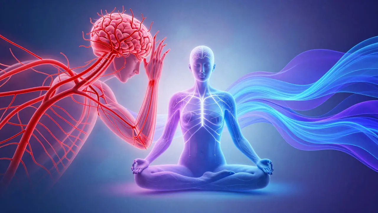 Abstract art showing the nervous system shifting from stress to relaxation via biofeedback.