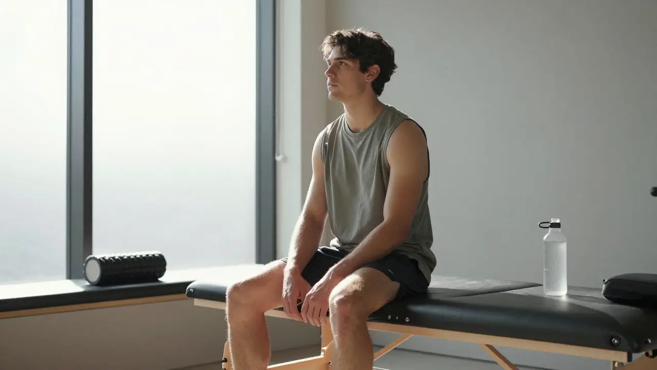 Athlete resting in a bright, modern clinic after a sports massage session