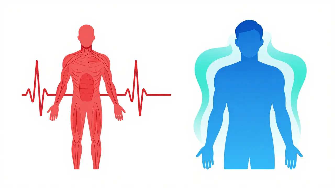 Conceptual art contrasting tense red lines with relaxed blue flows