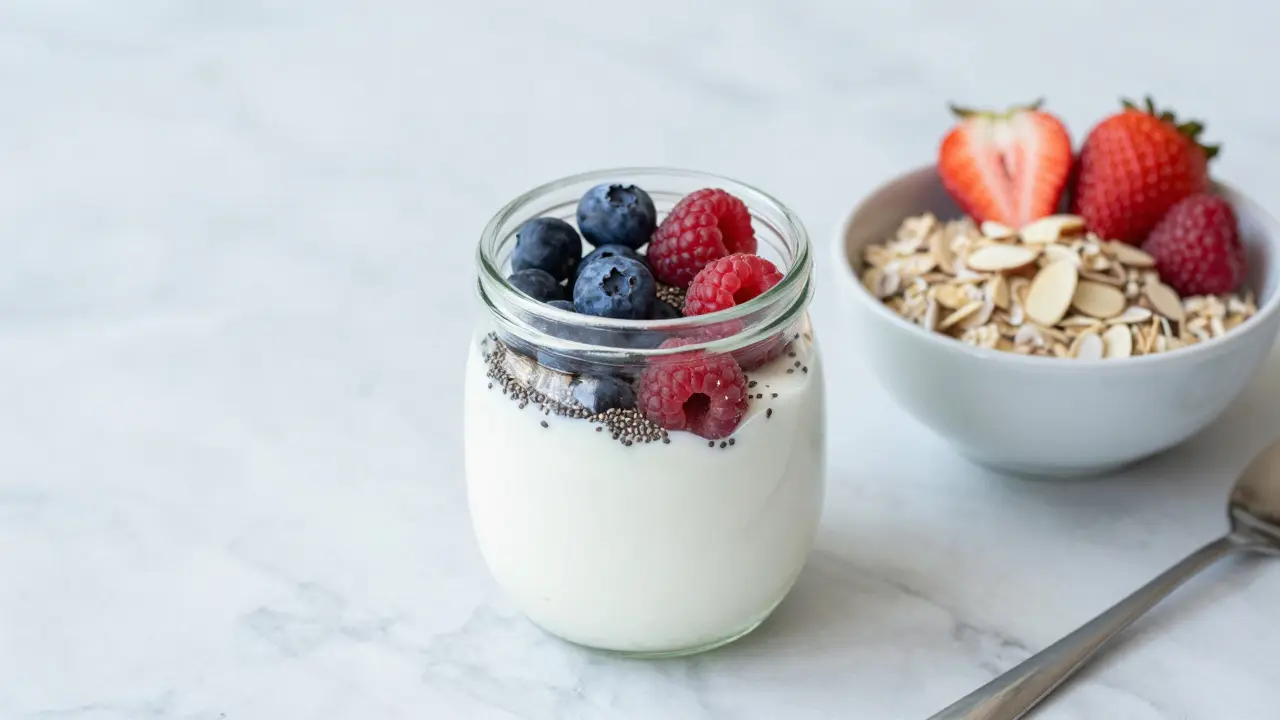 Greek yogurt parfait with berries and chia seeds on marble counter