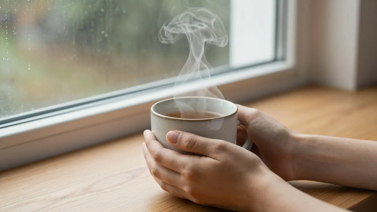 Hands holding a warm tea mug by a rainy window, symbolizing mindful presence.