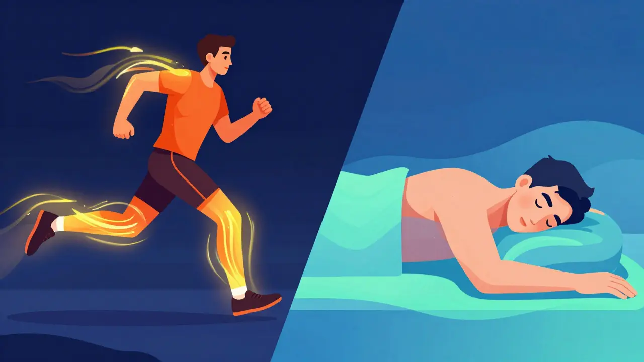 Illustration contrasting energetic pre-run activation with calming post-run recovery