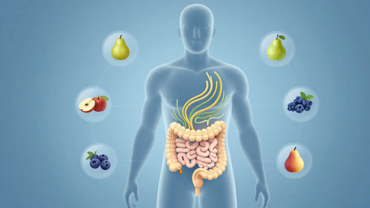 Illustration showing fiber aiding digestion and gut health in a human body
