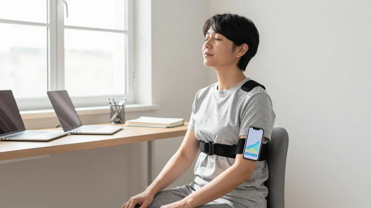 Person using smart device for at-home biofeedback breathing exercise