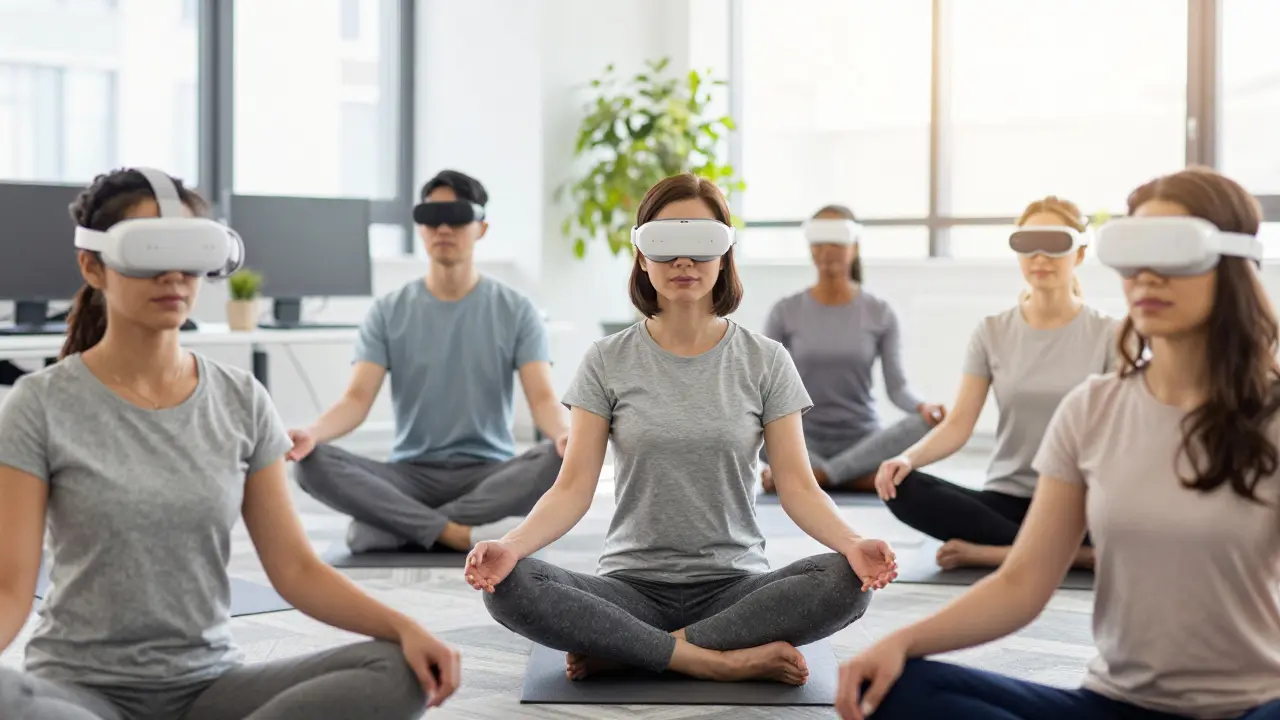 Professionals using wearable biofeedback devices in a sunny office pod