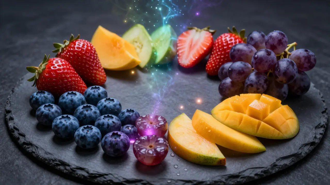 Rainbow arrangement of antioxidant-rich fruits with glowing effects