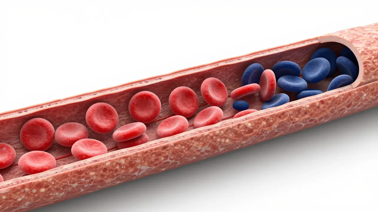 Scientific illustration of blood flow flushing waste from muscle fibers