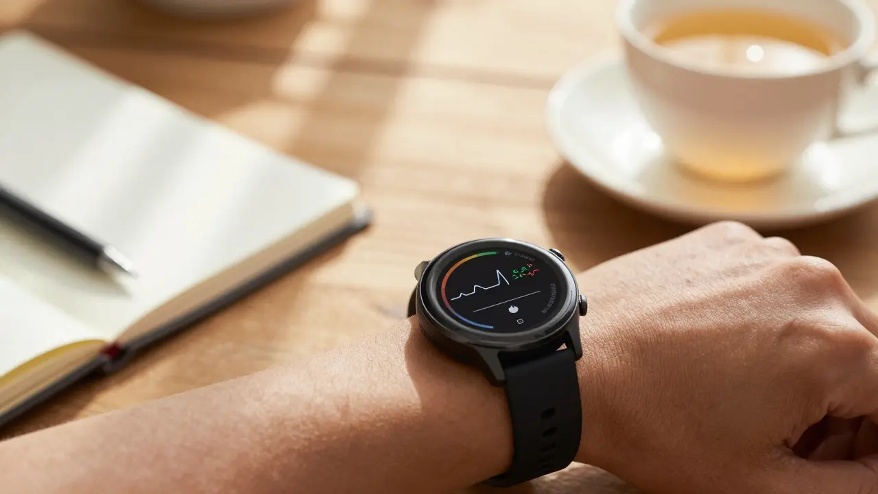 Smartwatch displaying health metrics on a desk, representing at-home biofeedback practice.