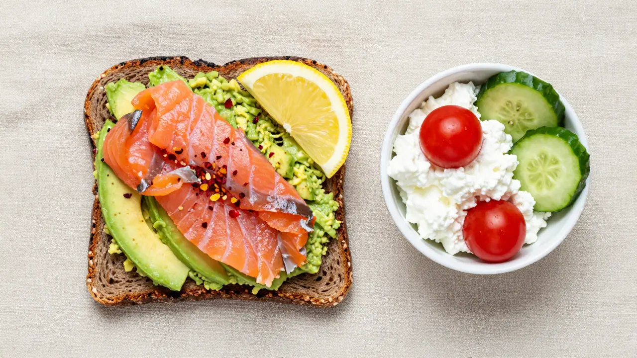 Smoked salmon avocado toast and cottage cheese bowl overhead view